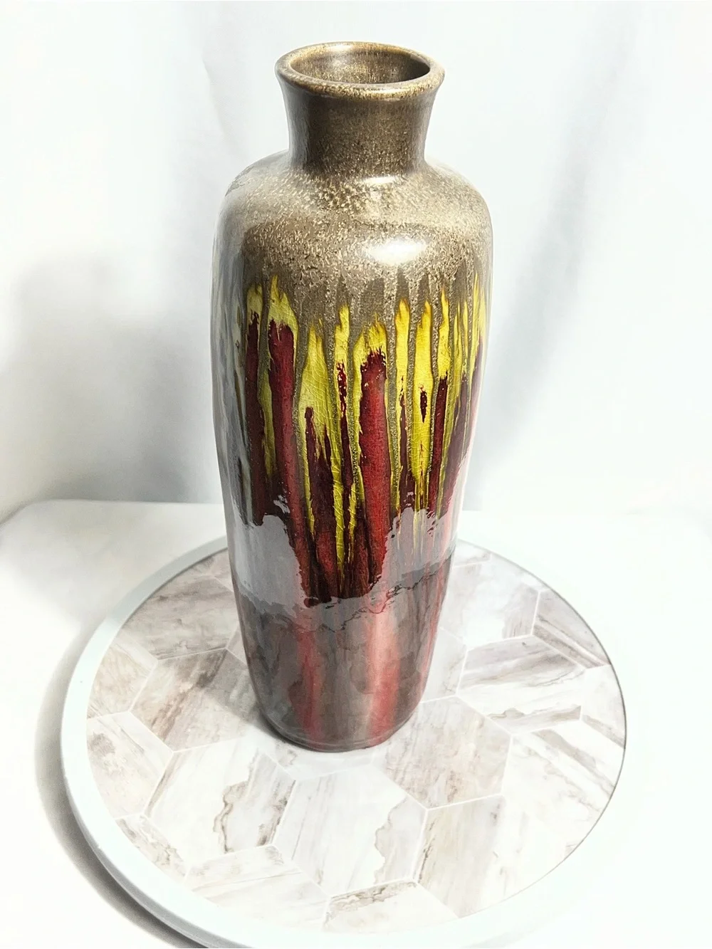 Pier 1 Drip Glaze Floor Vase Metallic Red Gold Brown Decorative Ceramic Vase